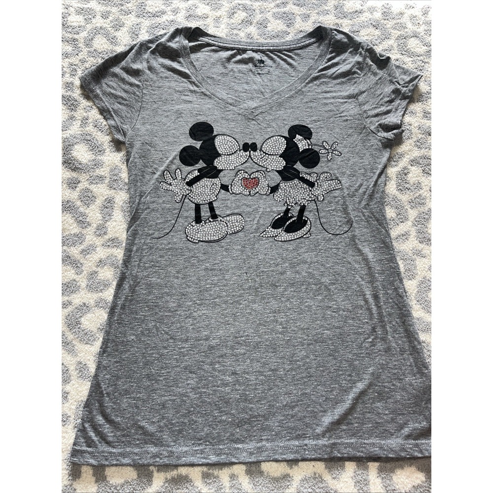 Walt Disney World  Mickey & Minnie Kissing Small Heather Grey Silver Studded Tee